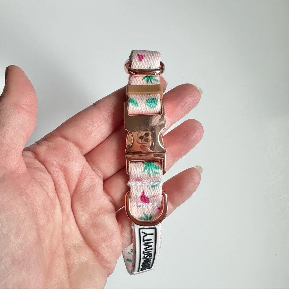 Pawsitivity Pink Pet Collar with Palm Trees Flamingos Rose Gold Clasp